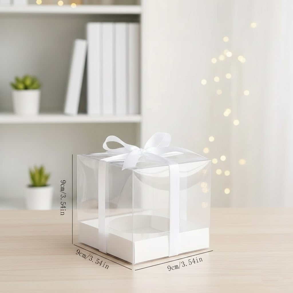 Átlátszó Műanyag Gyertyás Doboz Zöld Aljjal és Masnival