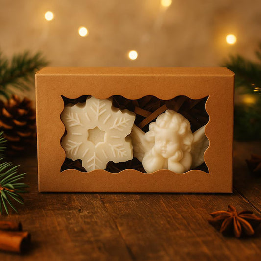 Téli nyugalom ajándékszett – kézzel készített angyal és hópehely gyertyák