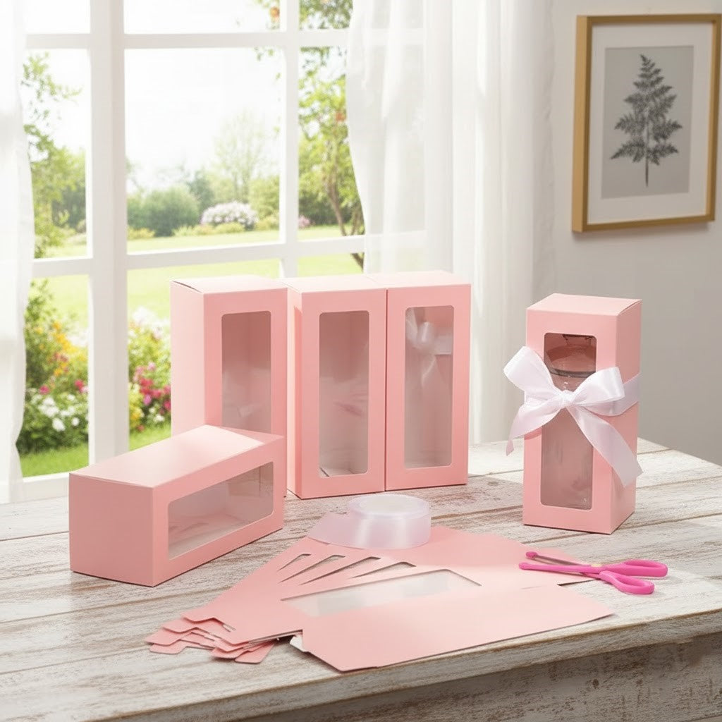 Elegáns Rózsaszín Ablakos Karton Doboz Fehér Szalaggal