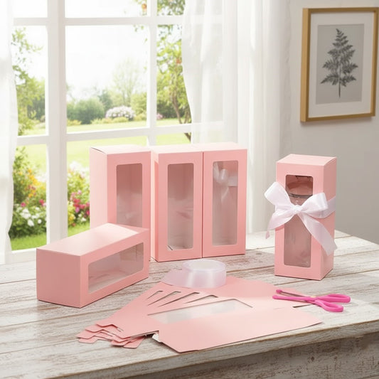 Elegáns Rózsaszín Ablakos Karton Doboz Fehér Szalaggal