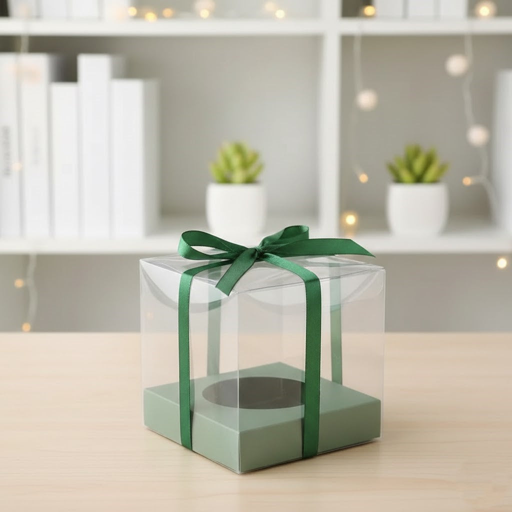 Átlátszó Műanyag Gyertyás Doboz Zöld Aljjal és Masnival