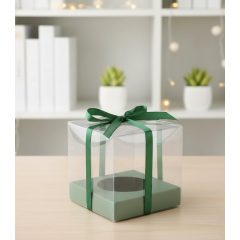  Átlátszó Műanyag Gyertyás Doboz Zöld Aljjal és Masnival